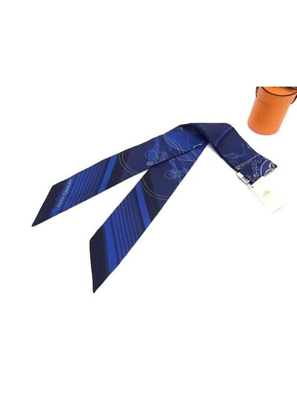 Hermes Ex-Libris Ex-Twilly Silk Ribbon Scarf Navy Multicolor